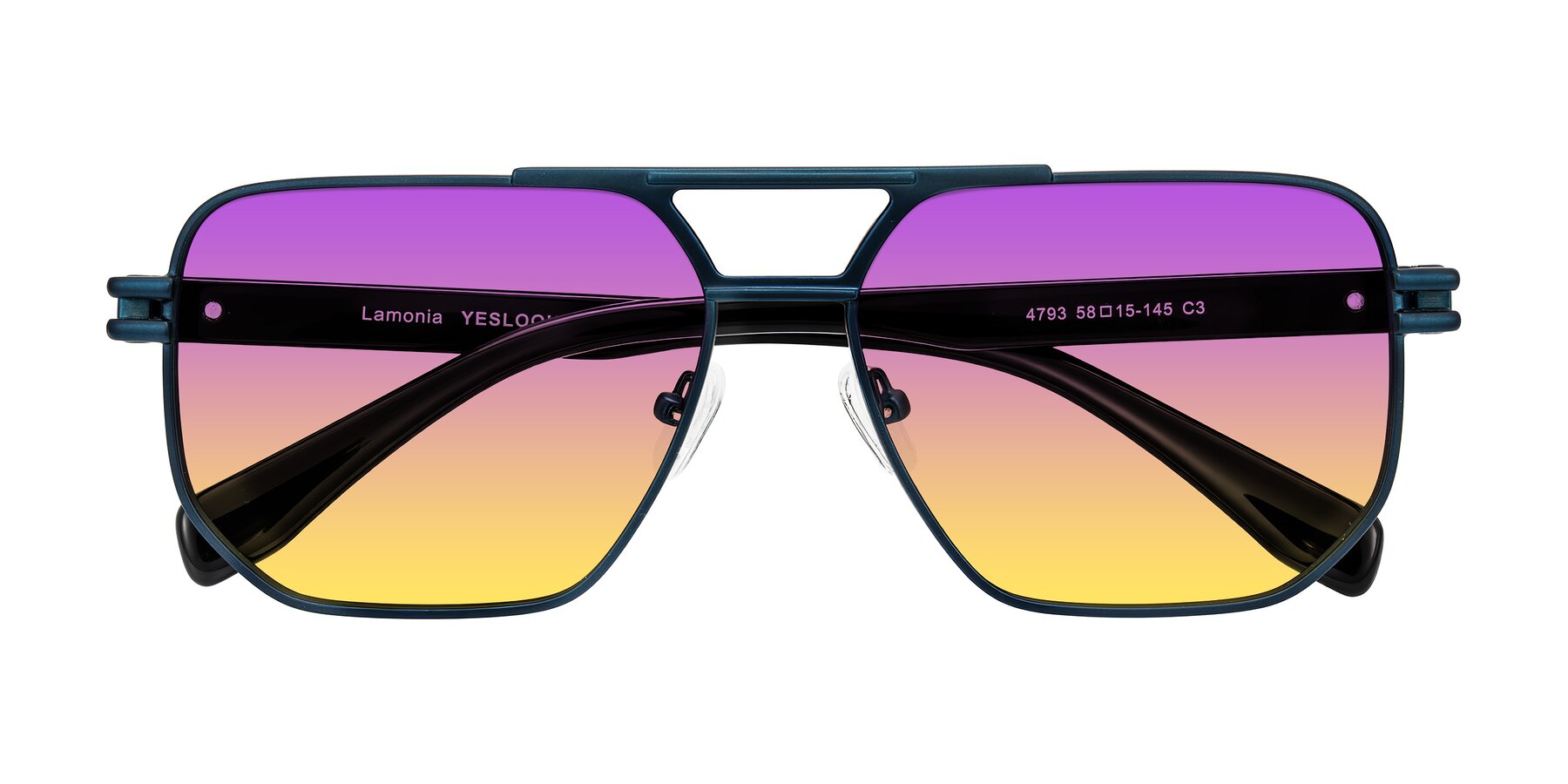 Folded Front of Lamonia in Matte Blue/Black with Purple / Yellow Gradient Lenses