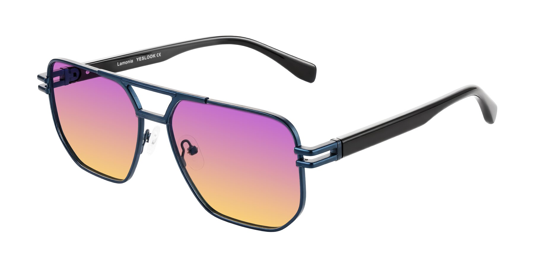 Angle of Lamonia in Matte Blue/Black with Purple / Yellow Gradient Lenses
