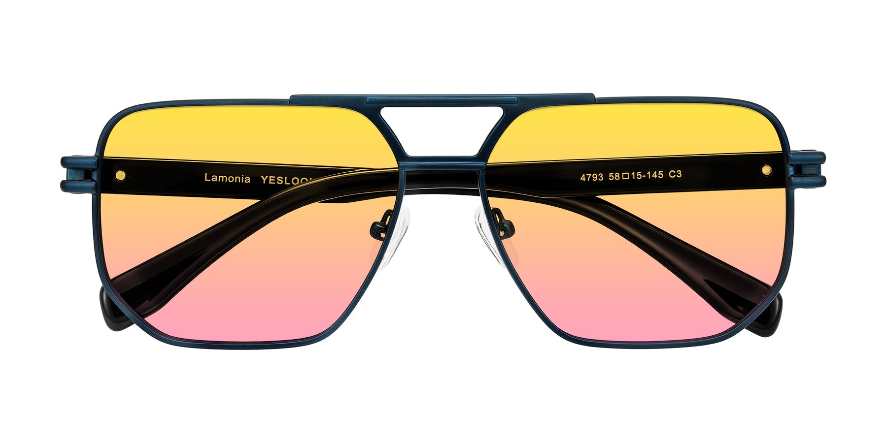 Folded Front of Lamonia in Matte Blue/Black with Yellow / Pink Gradient Lenses
