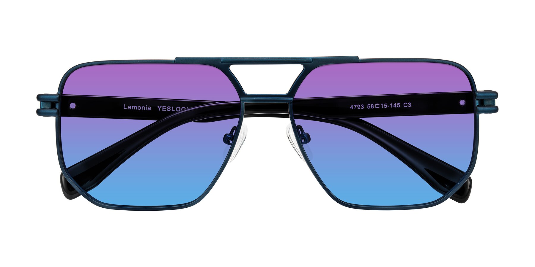Folded Front of Lamonia in Matte Blue/Black with Purple / Blue Gradient Lenses