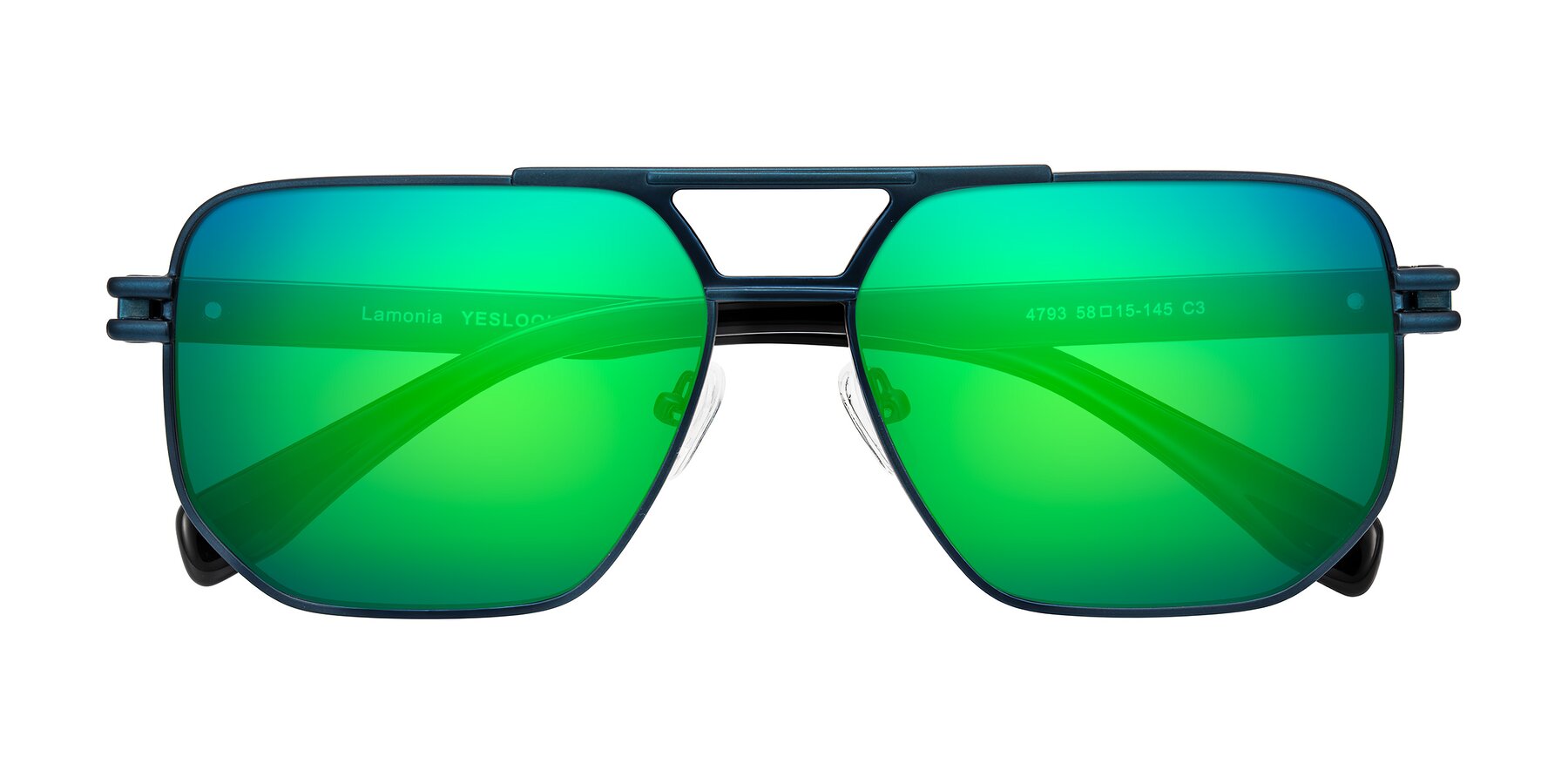 Folded Front of Lamonia in Matte Blue/Black with Green Mirrored Lenses