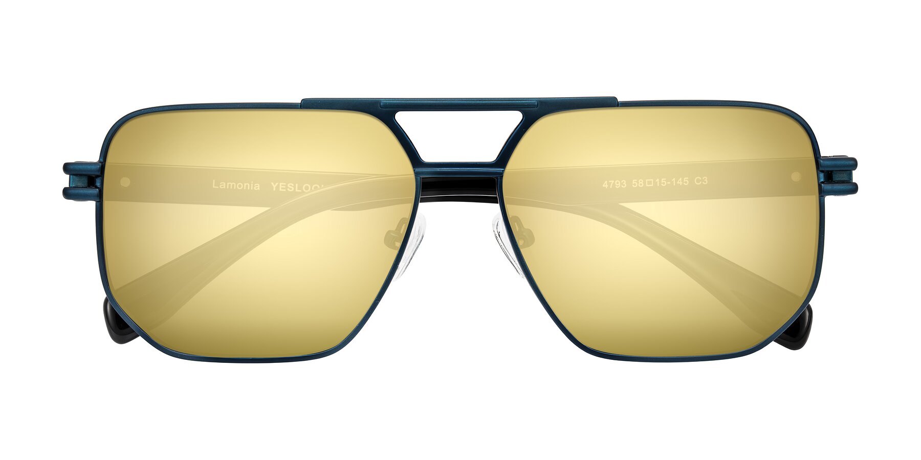 Folded Front of Lamonia in Matte Blue/Black with Gold Mirrored Lenses