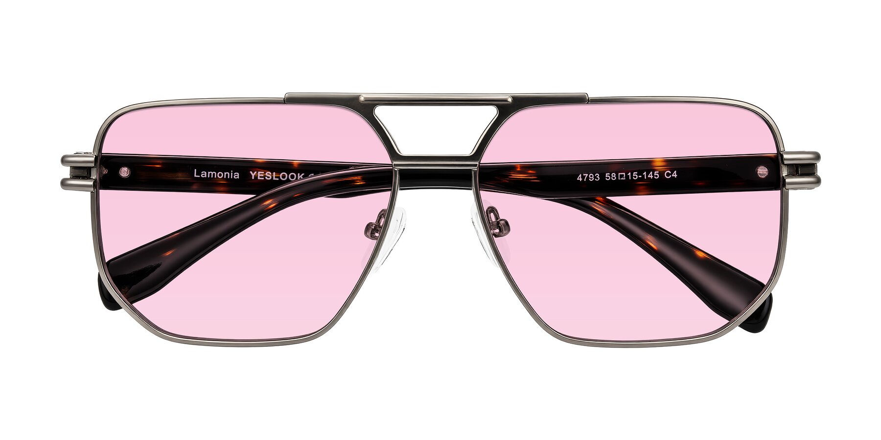 Folded Front of Lamonia in Matte Gunmetal/Tortoise with Light Pink Tinted Lenses