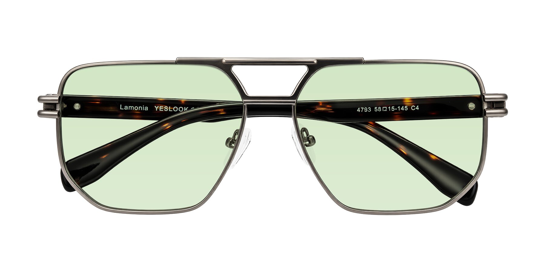 Folded Front of Lamonia in Matte Gunmetal/Tortoise with Light Green Tinted Lenses