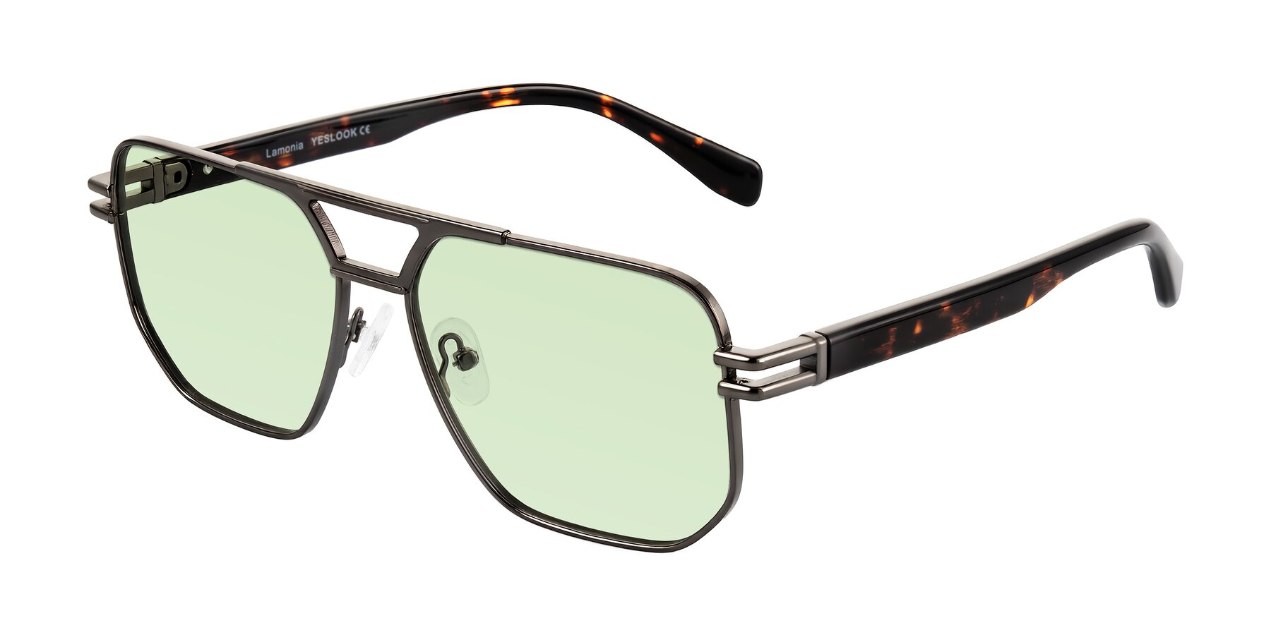 Angle of Lamonia in Matte Gunmetal/Tortoise with Light Green Tinted Lenses