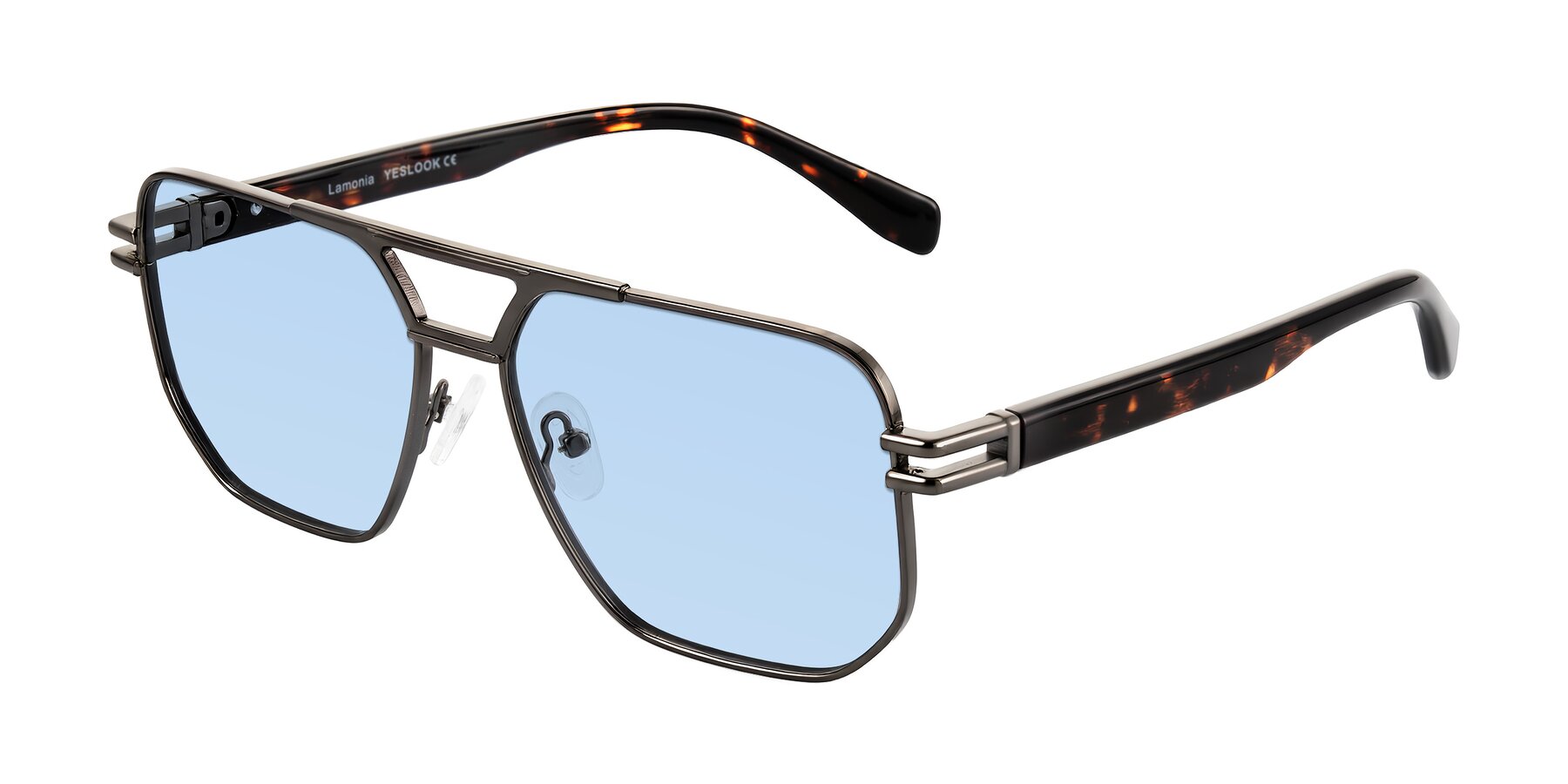 Angle of Lamonia in Matte Gunmetal/Tortoise with Light Blue Tinted Lenses