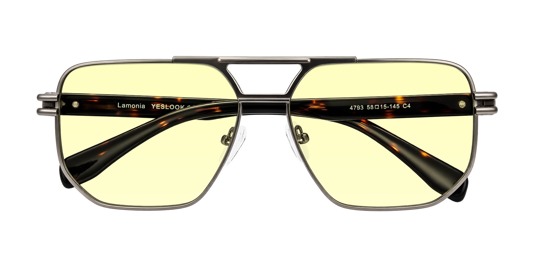 Folded Front of Lamonia in Matte Gunmetal/Tortoise with Light Yellow Tinted Lenses