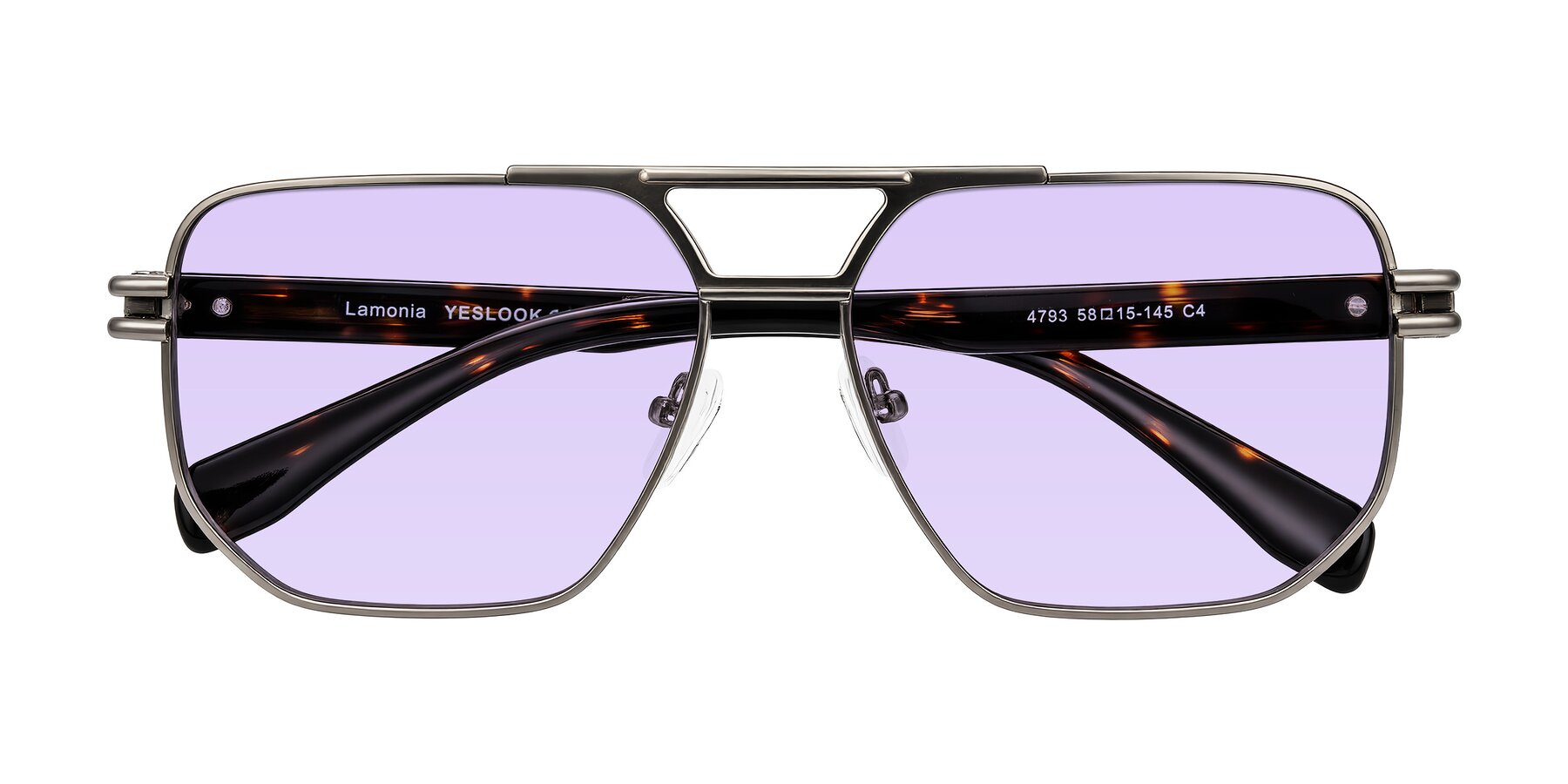 Folded Front of Lamonia in Matte Gunmetal/Tortoise with Light Purple Tinted Lenses