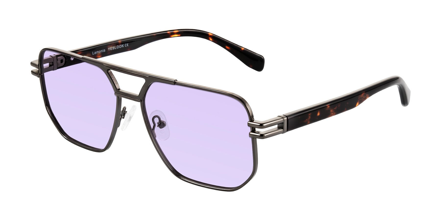 Angle of Lamonia in Matte Gunmetal/Tortoise with Light Purple Tinted Lenses