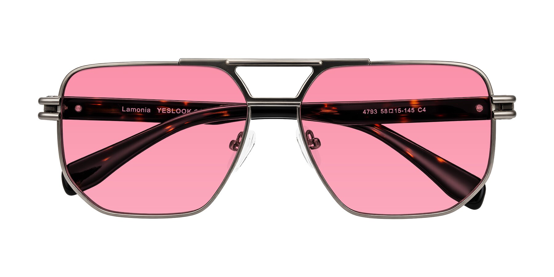 Folded Front of Lamonia in Matte Gunmetal/Tortoise with Pink Tinted Lenses