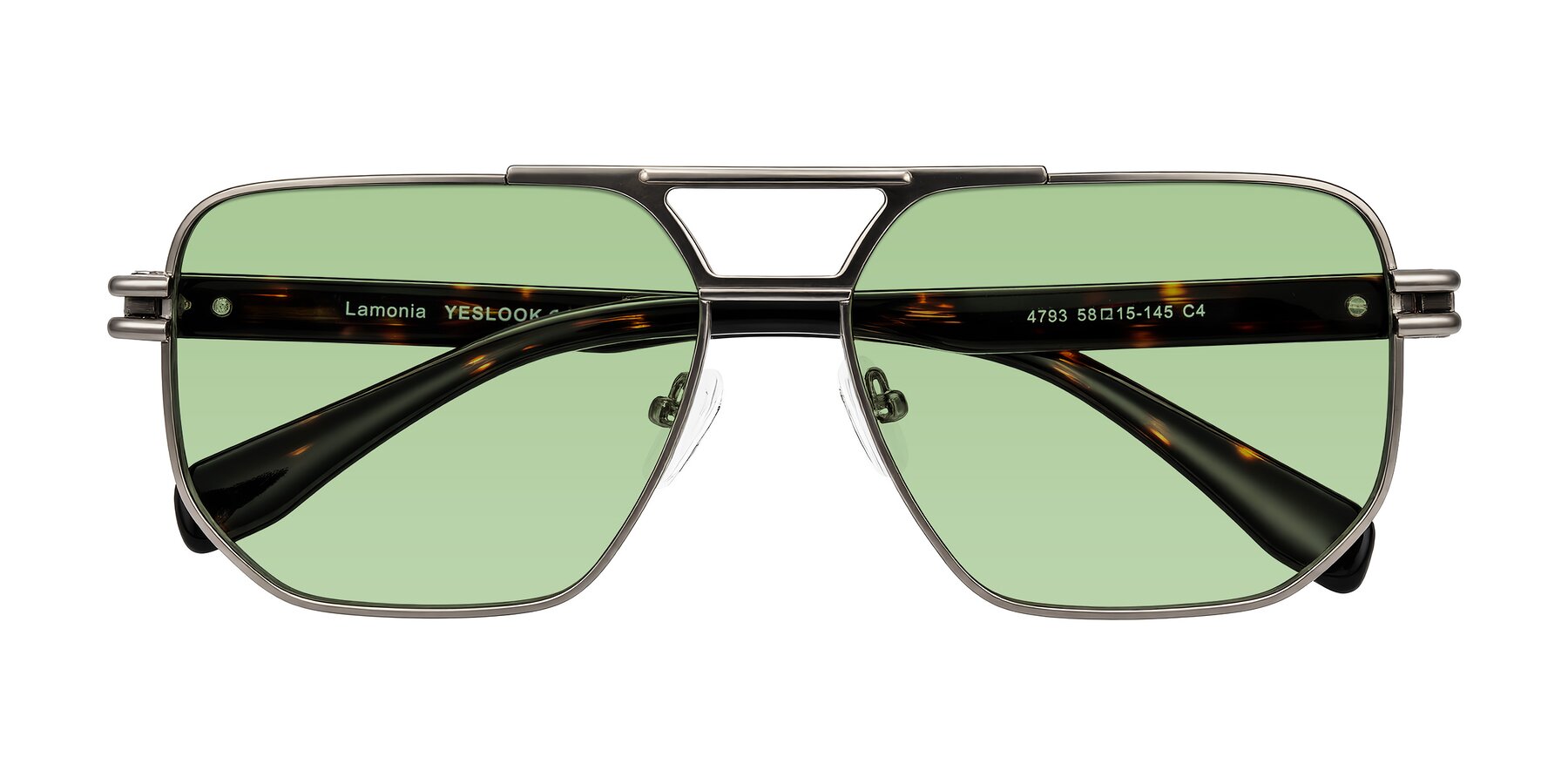 Folded Front of Lamonia in Matte Gunmetal/Tortoise with Medium Green Tinted Lenses