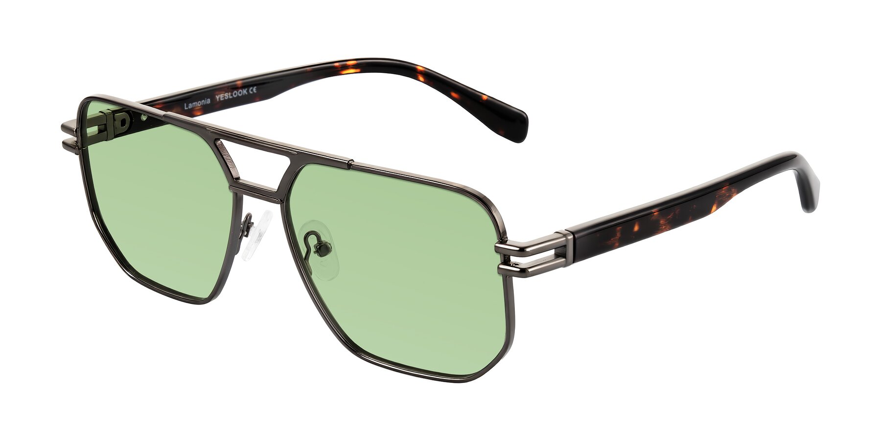 Angle of Lamonia in Matte Gunmetal/Tortoise with Medium Green Tinted Lenses