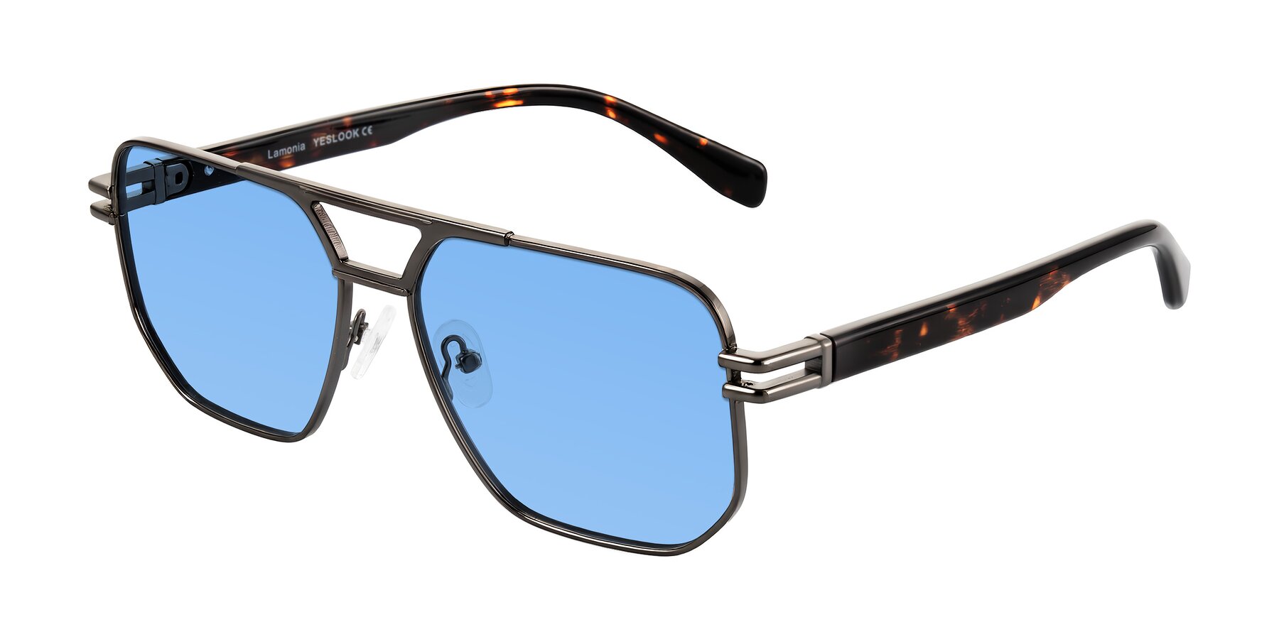 Angle of Lamonia in Matte Gunmetal/Tortoise with Medium Blue Tinted Lenses