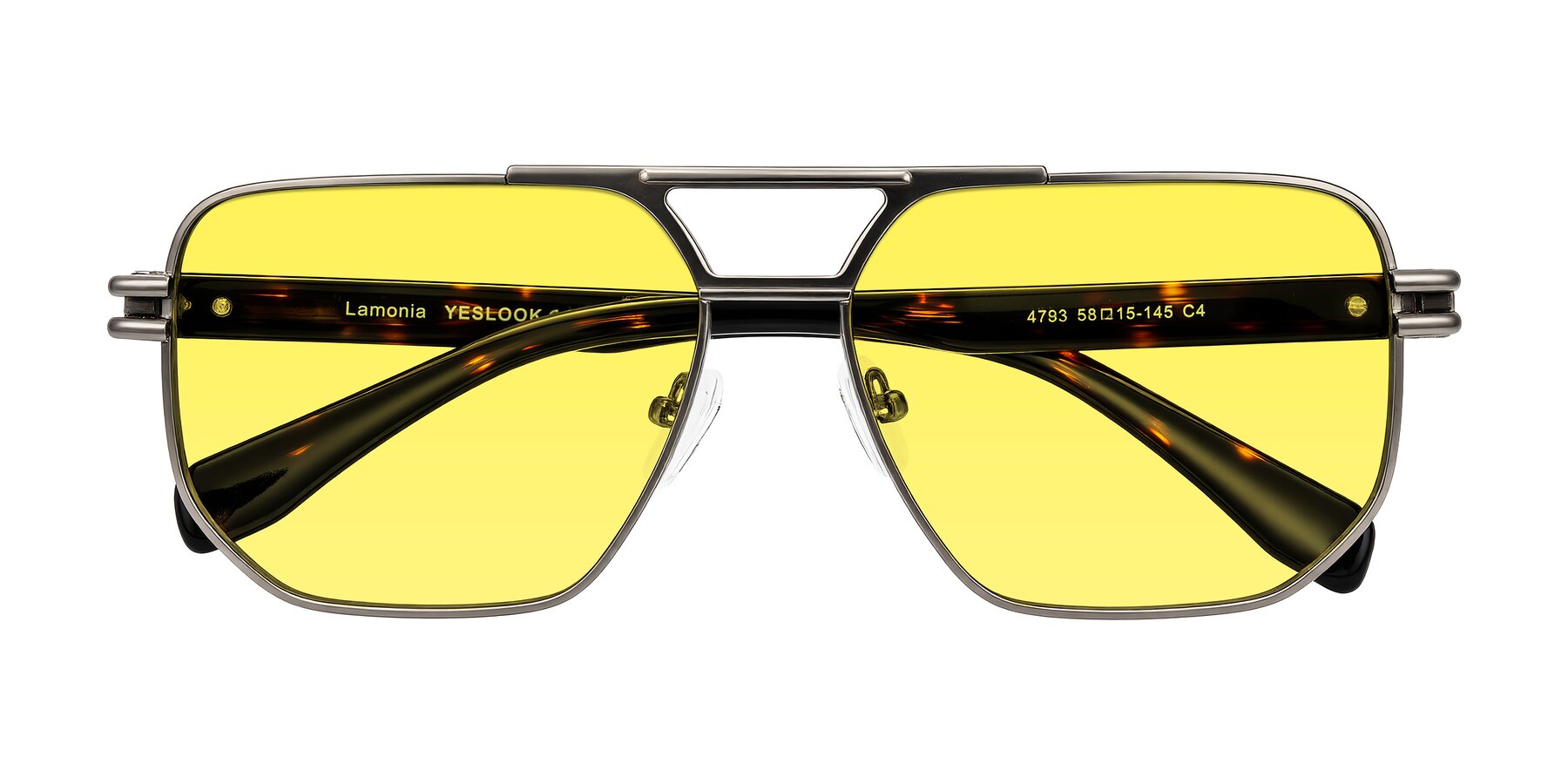 Folded Front of Lamonia in Matte Gunmetal/Tortoise with Medium Yellow Tinted Lenses