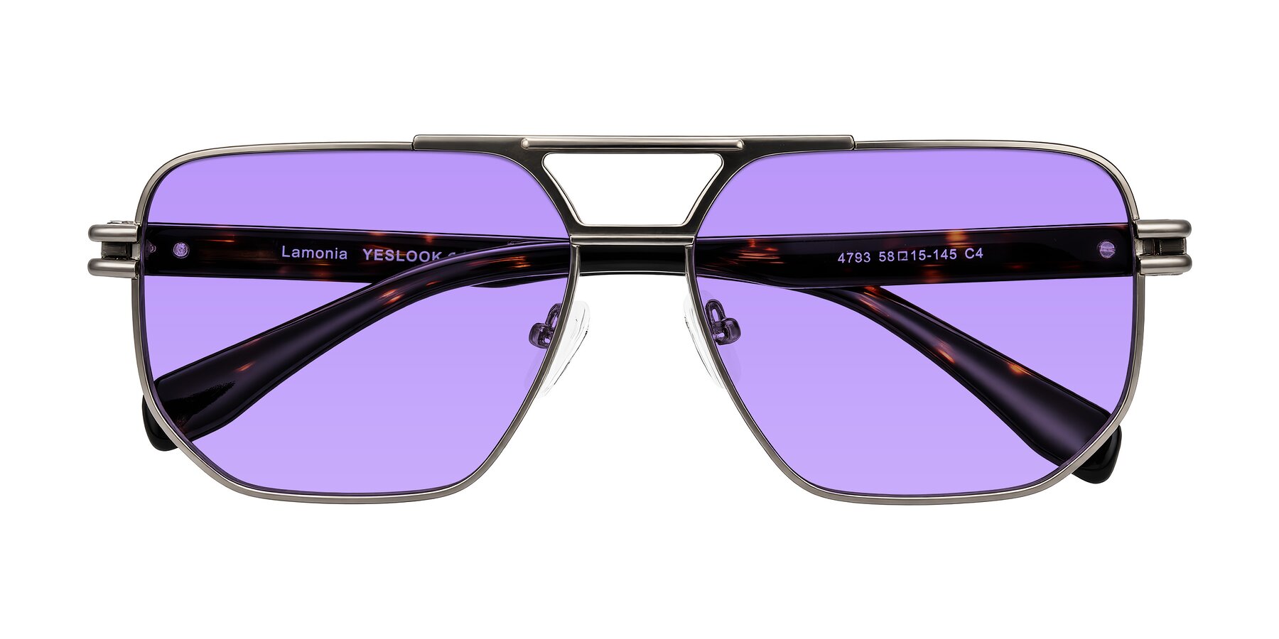 Folded Front of Lamonia in Matte Gunmetal/Tortoise with Medium Purple Tinted Lenses