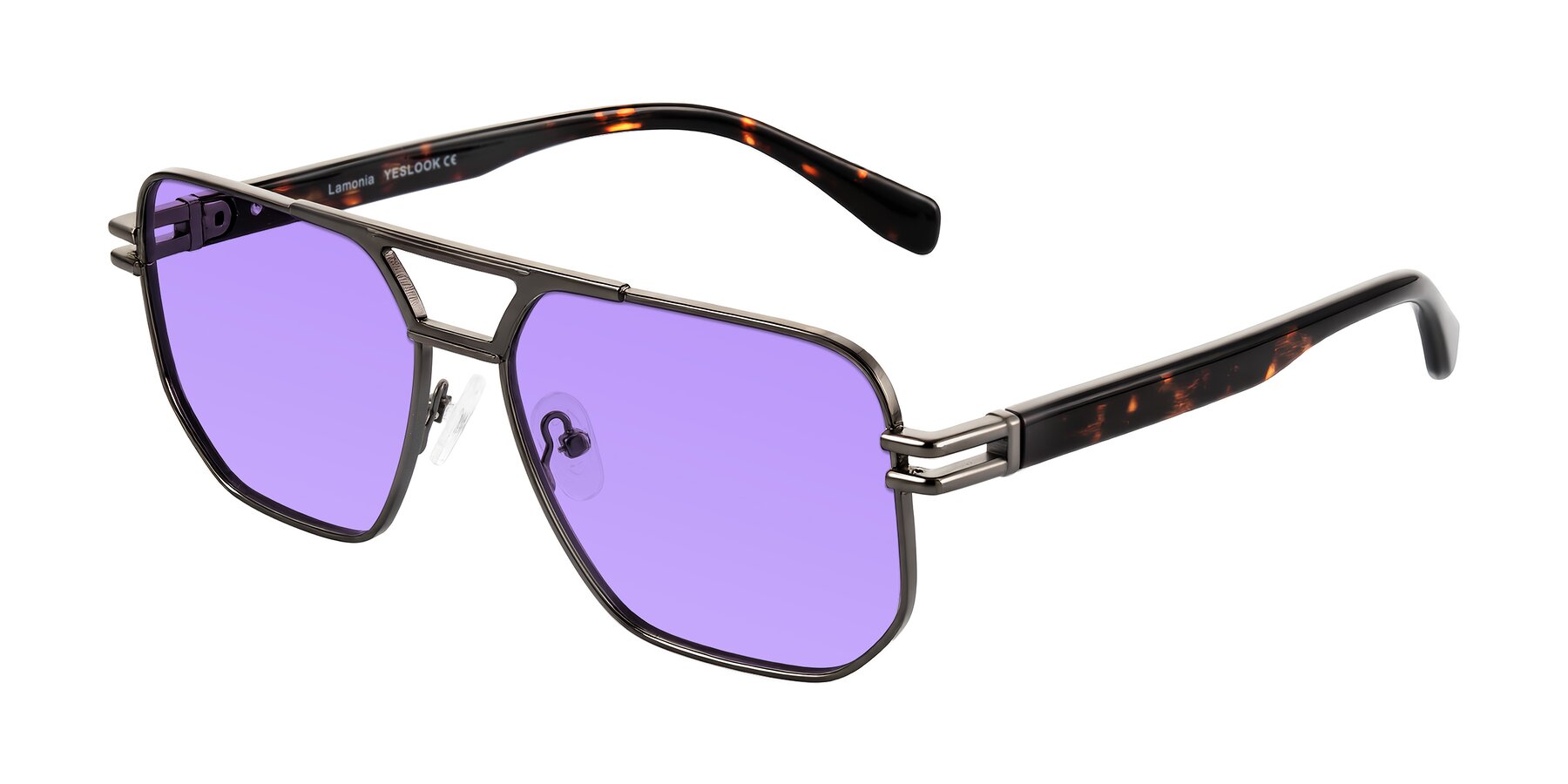 Angle of Lamonia in Matte Gunmetal/Tortoise with Medium Purple Tinted Lenses