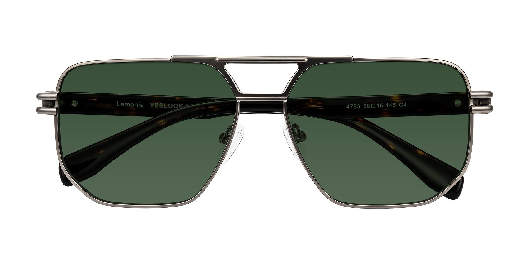 Folded Front of Lamonia in Matte Gunmetal/Tortoise with Green Tinted Lenses