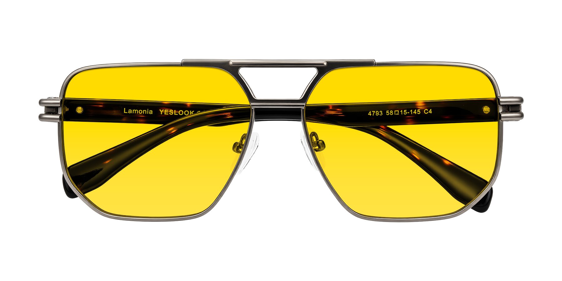 Folded Front of Lamonia in Matte Gunmetal/Tortoise with Yellow Tinted Lenses