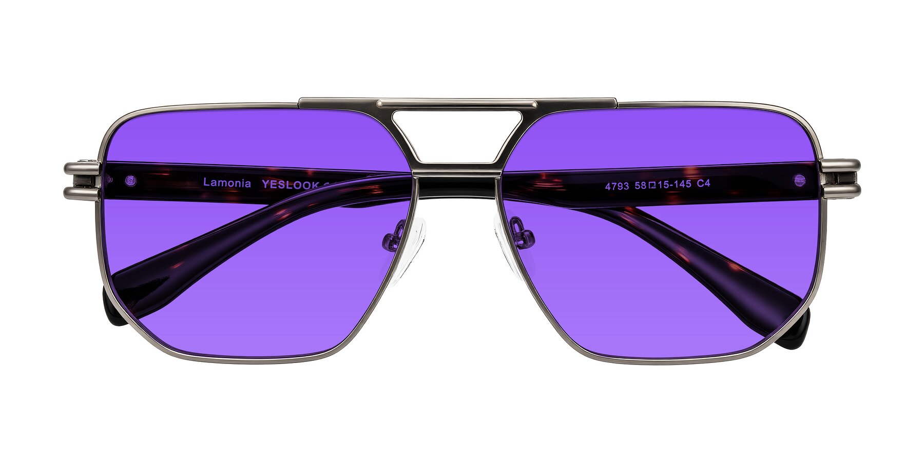 Folded Front of Lamonia in Matte Gunmetal/Tortoise with Purple Tinted Lenses