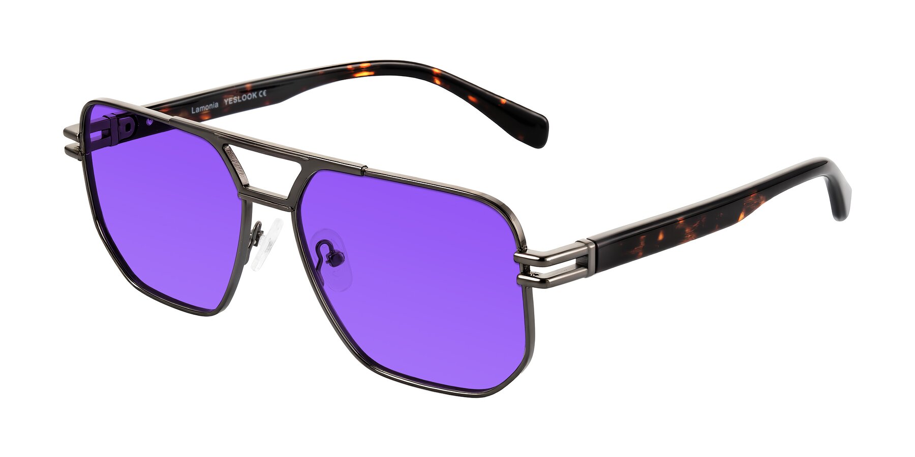 Angle of Lamonia in Matte Gunmetal/Tortoise with Purple Tinted Lenses