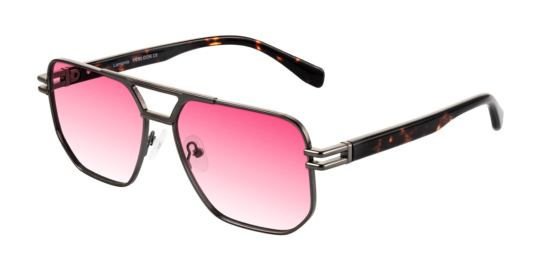 Angle of Lamonia in Matte Gunmetal/Tortoise with Pink Gradient Lenses