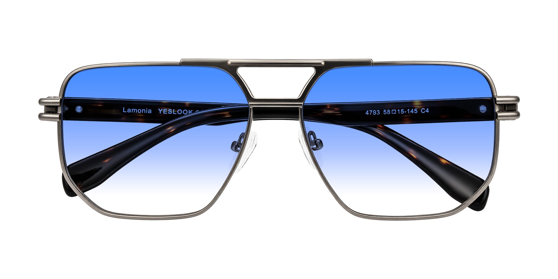 Folded Front of Lamonia in Matte Gunmetal/Tortoise with Blue Gradient Lenses