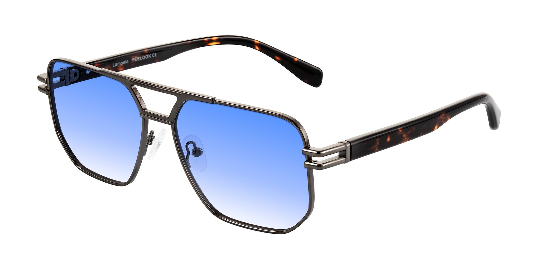 Angle of Lamonia in Matte Gunmetal/Tortoise with Blue Gradient Lenses