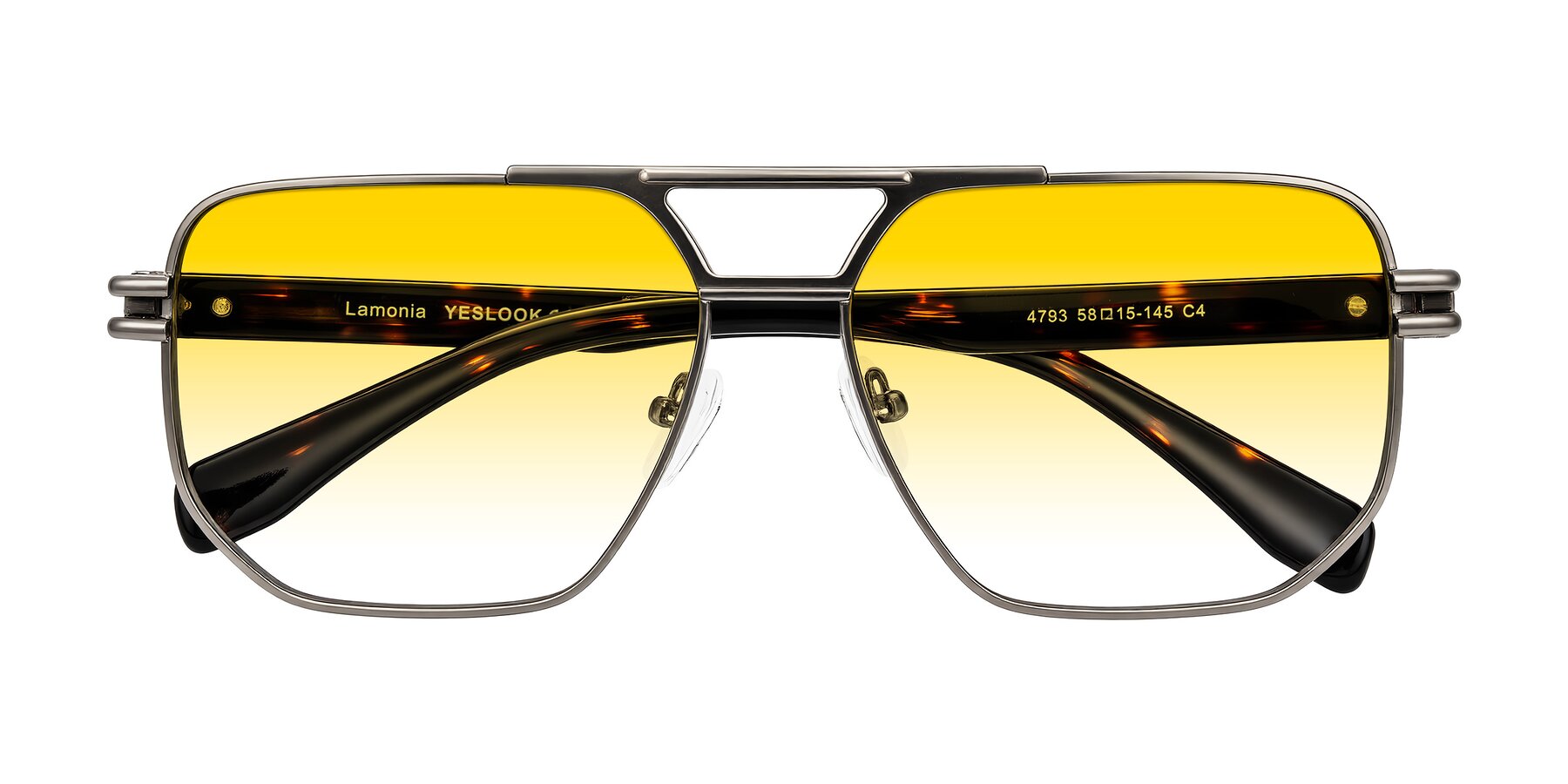 Folded Front of Lamonia in Matte Gunmetal/Tortoise with Yellow Gradient Lenses