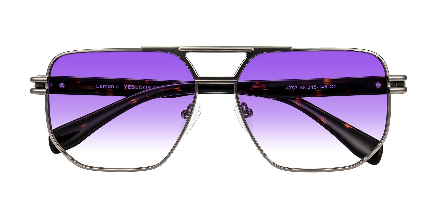 Folded Front of Lamonia in Matte Gunmetal/Tortoise with Purple Gradient Lenses