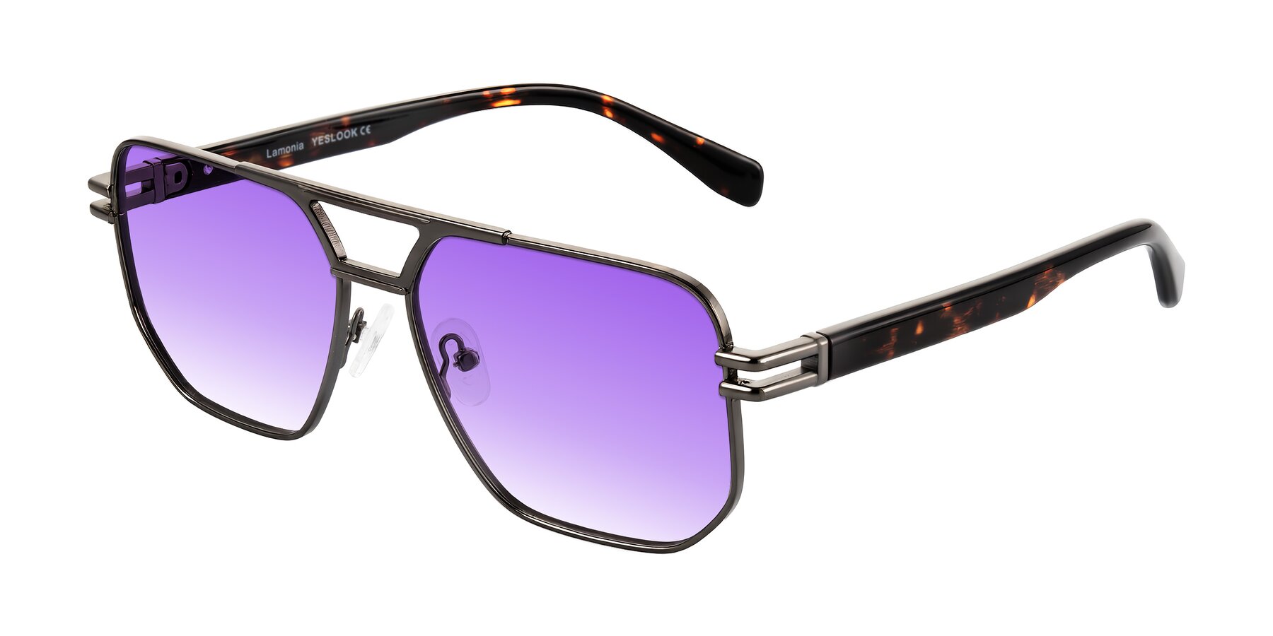 Angle of Lamonia in Matte Gunmetal/Tortoise with Purple Gradient Lenses