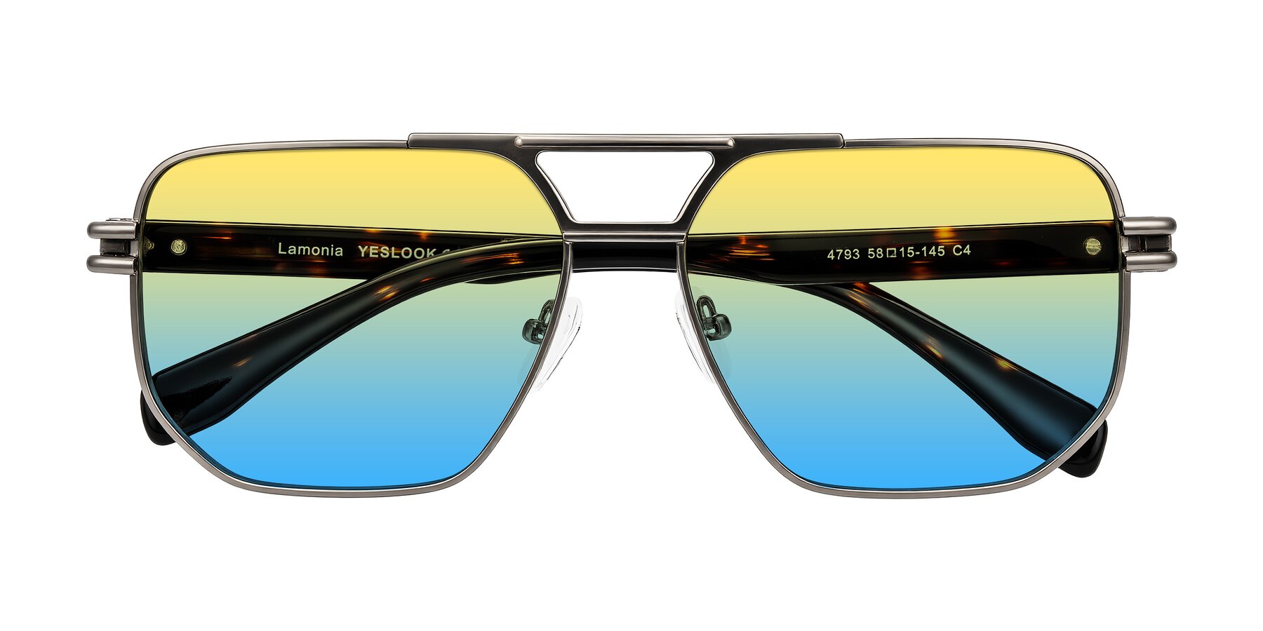 Folded Front of Lamonia in Matte Gunmetal/Tortoise with Yellow / Blue Gradient Lenses