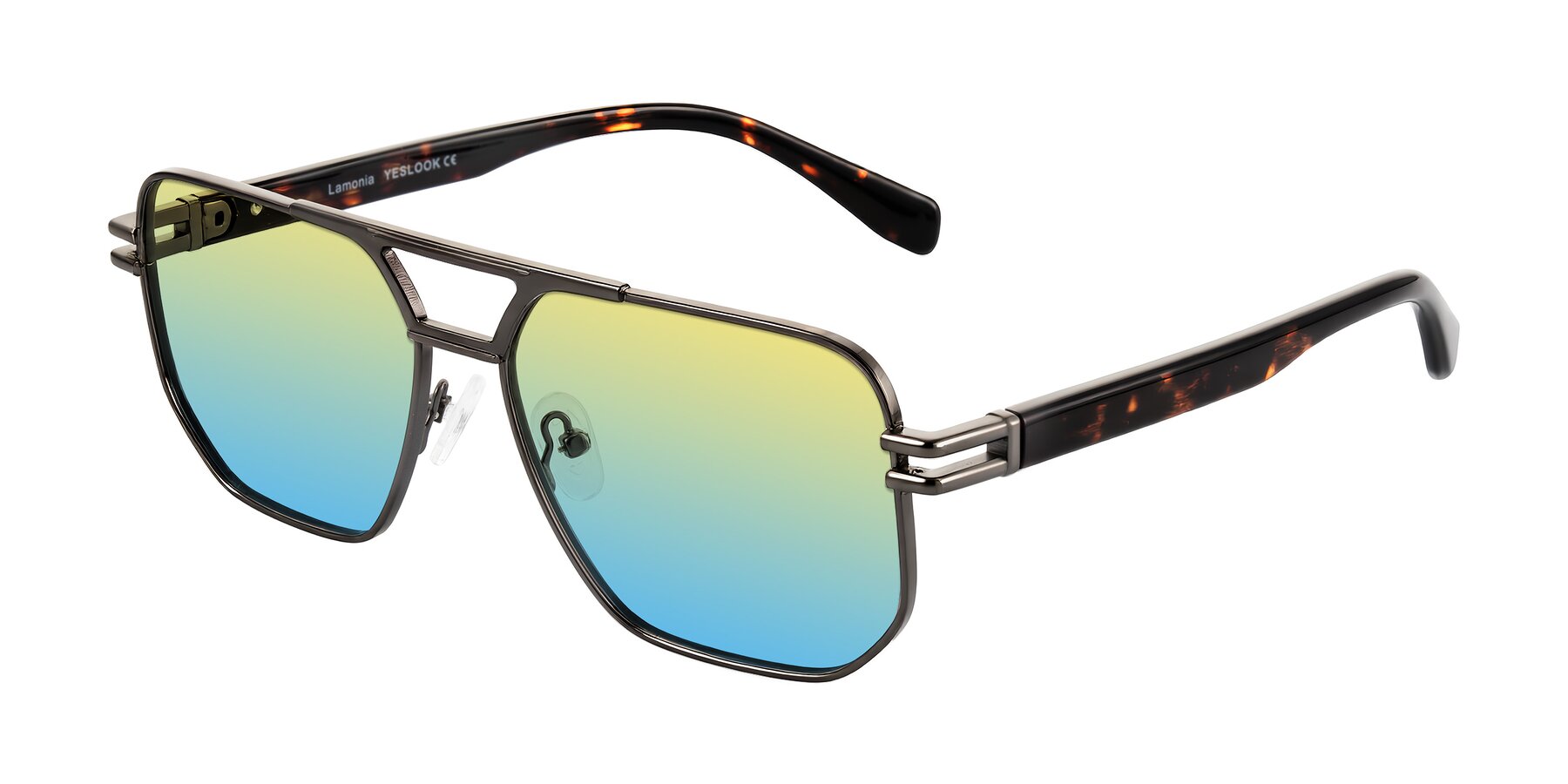 Angle of Lamonia in Matte Gunmetal/Tortoise with Yellow / Blue Gradient Lenses