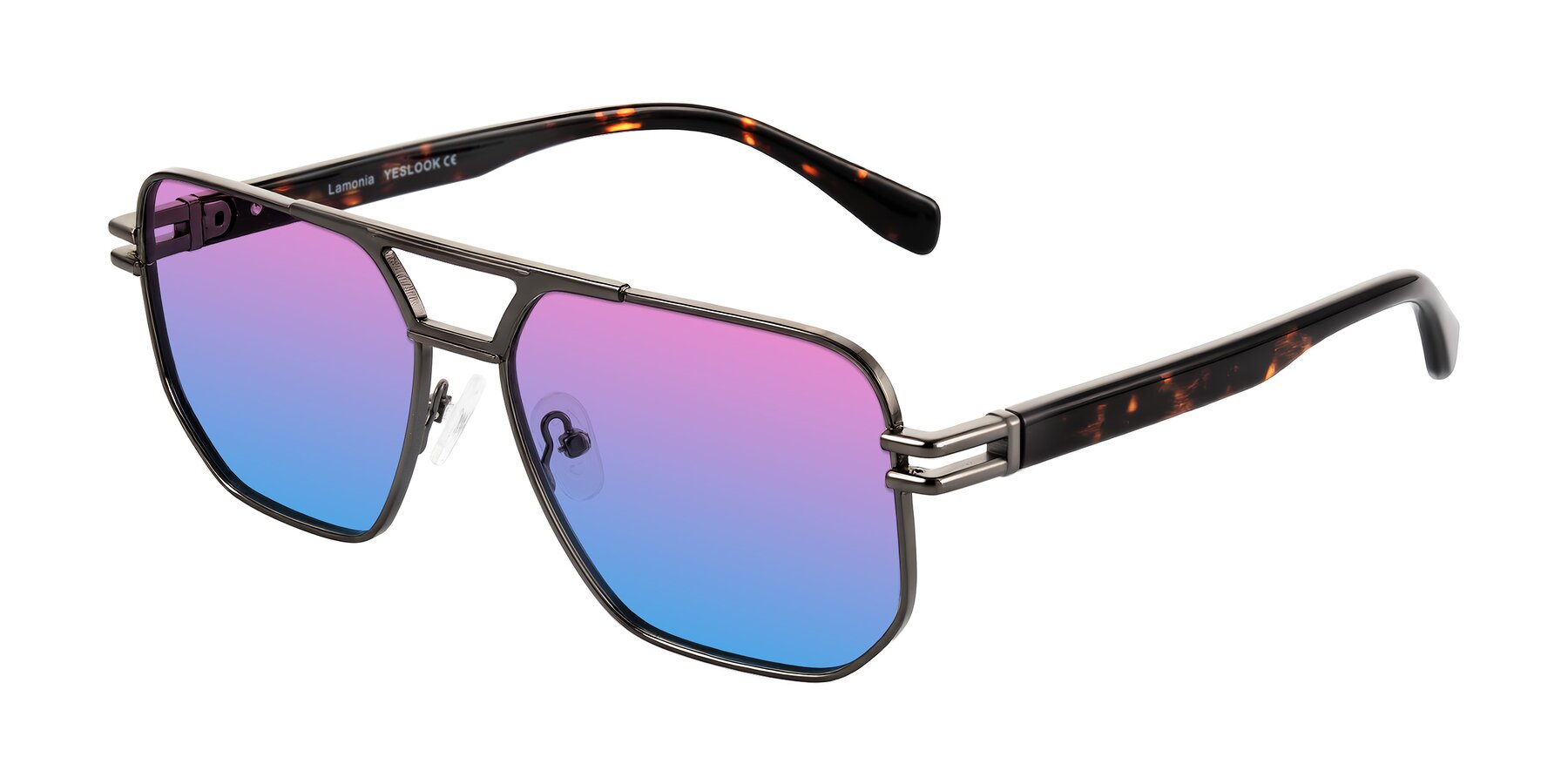Angle of Lamonia in Matte Gunmetal/Tortoise with Pink / Blue Gradient Lenses