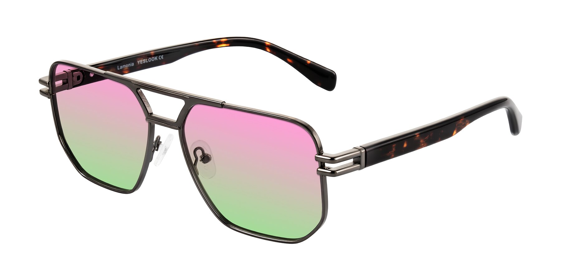 Angle of Lamonia in Matte Gunmetal/Tortoise with Pink / Green Gradient Lenses
