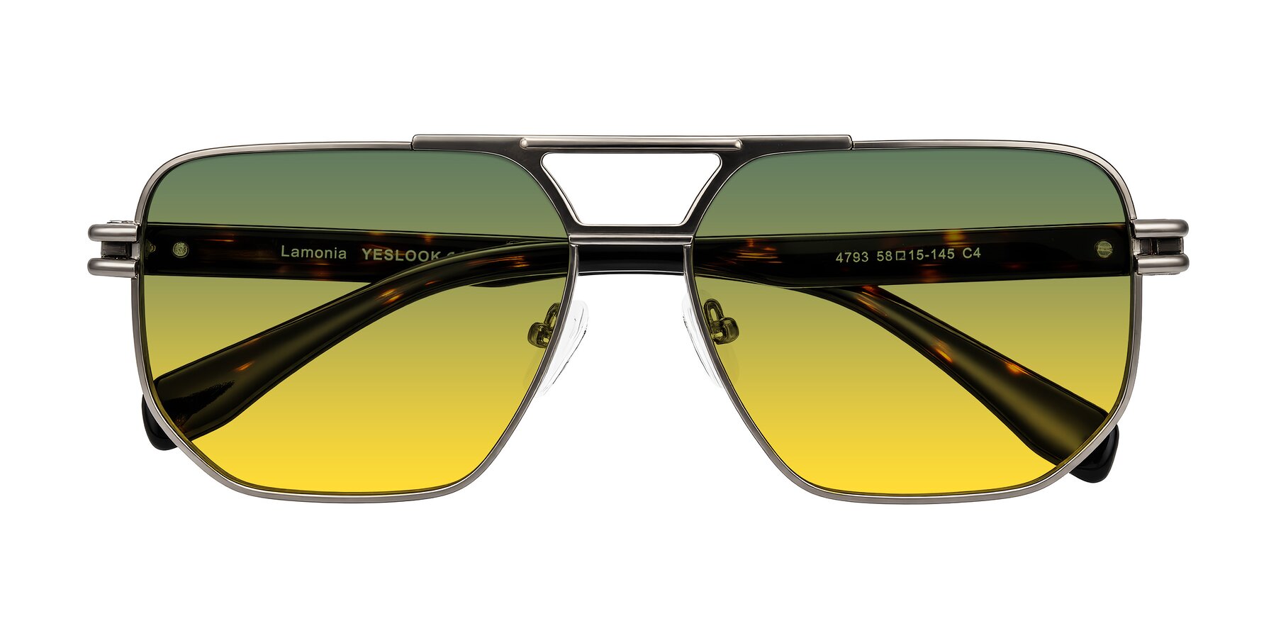 Folded Front of Lamonia in Matte Gunmetal/Tortoise with Green / Yellow Gradient Lenses