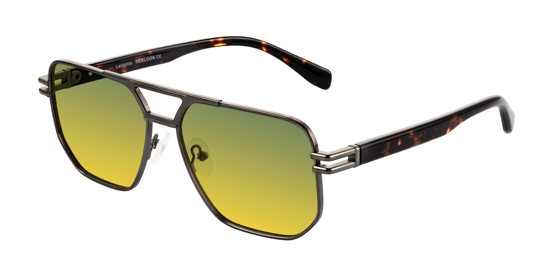 Angle of Lamonia in Matte Gunmetal/Tortoise with Green / Yellow Gradient Lenses