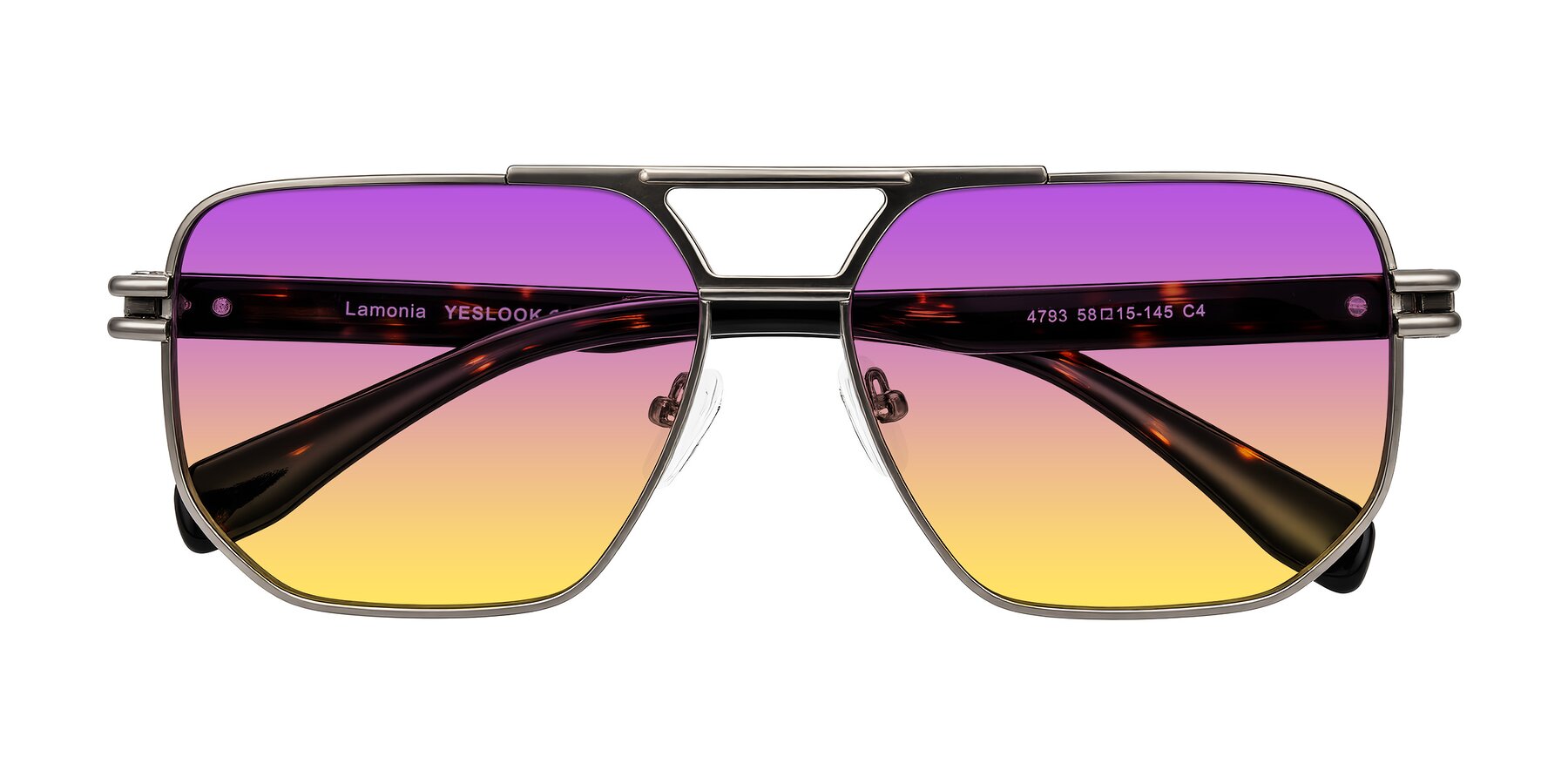 Folded Front of Lamonia in Matte Gunmetal/Tortoise with Purple / Yellow Gradient Lenses