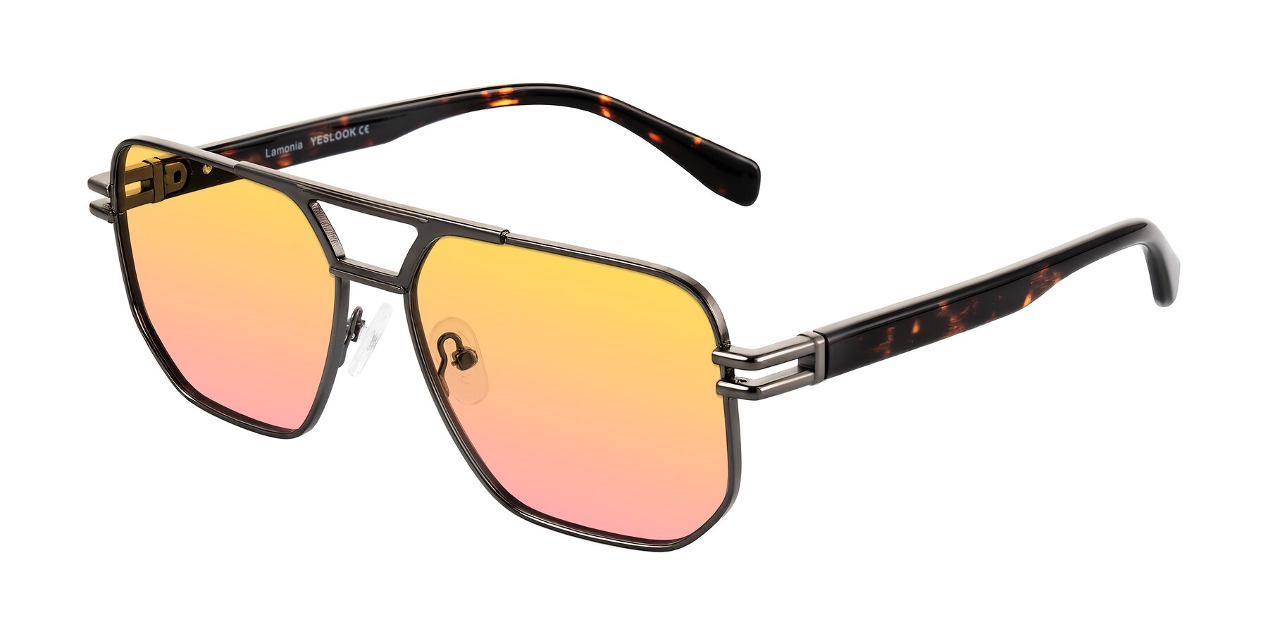 Angle of Lamonia in Matte Gunmetal/Tortoise with Yellow / Pink Gradient Lenses