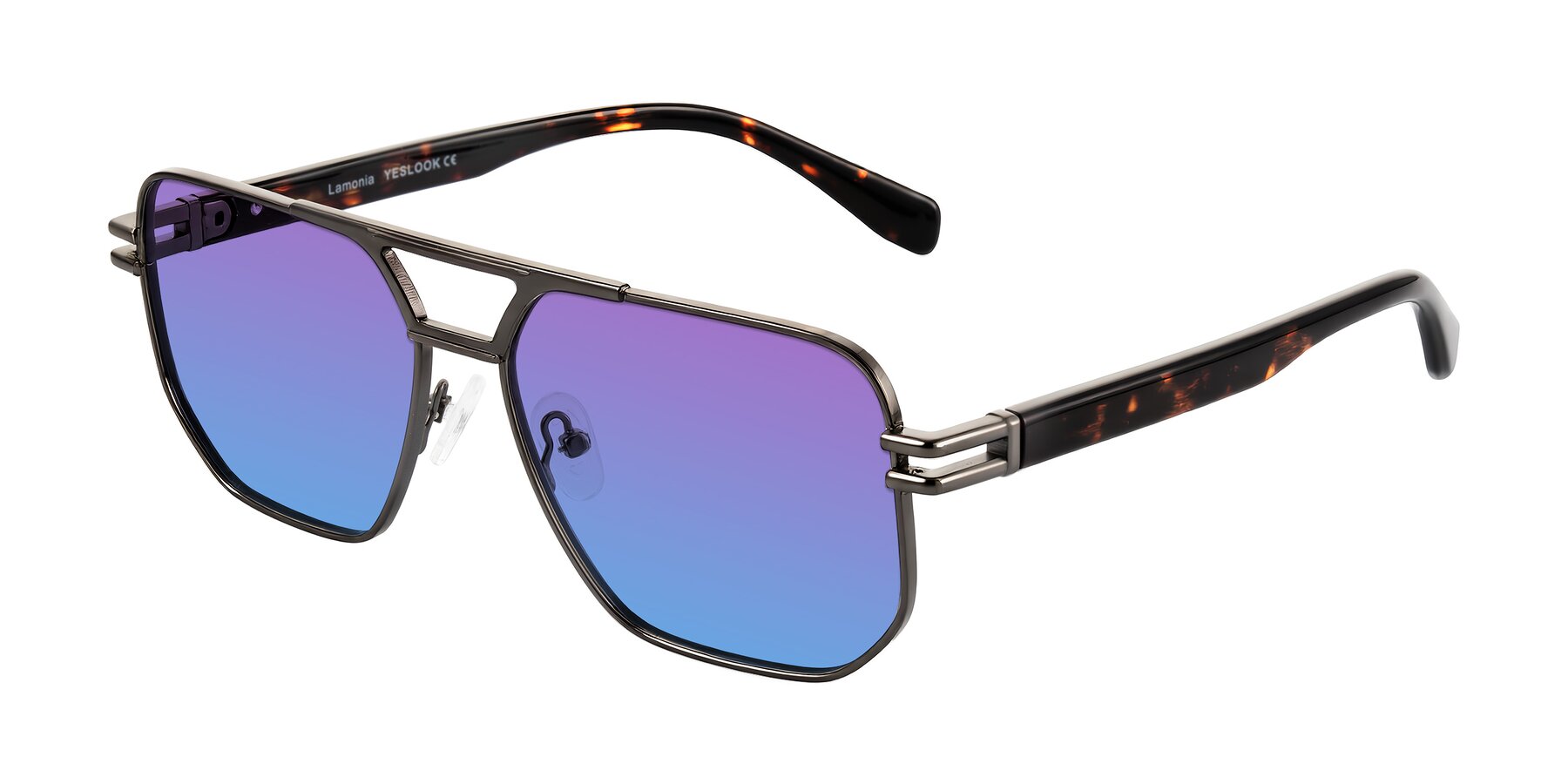 Angle of Lamonia in Matte Gunmetal/Tortoise with Purple / Blue Gradient Lenses