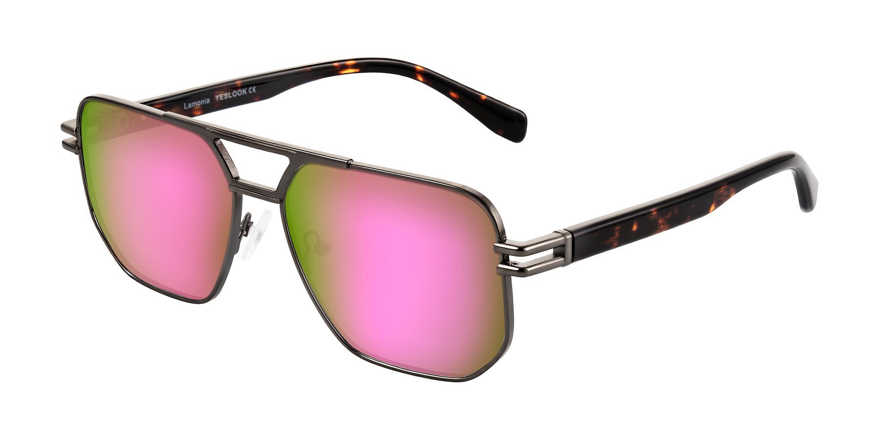Angle of Lamonia in Matte Gunmetal/Tortoise with Pink Mirrored Lenses