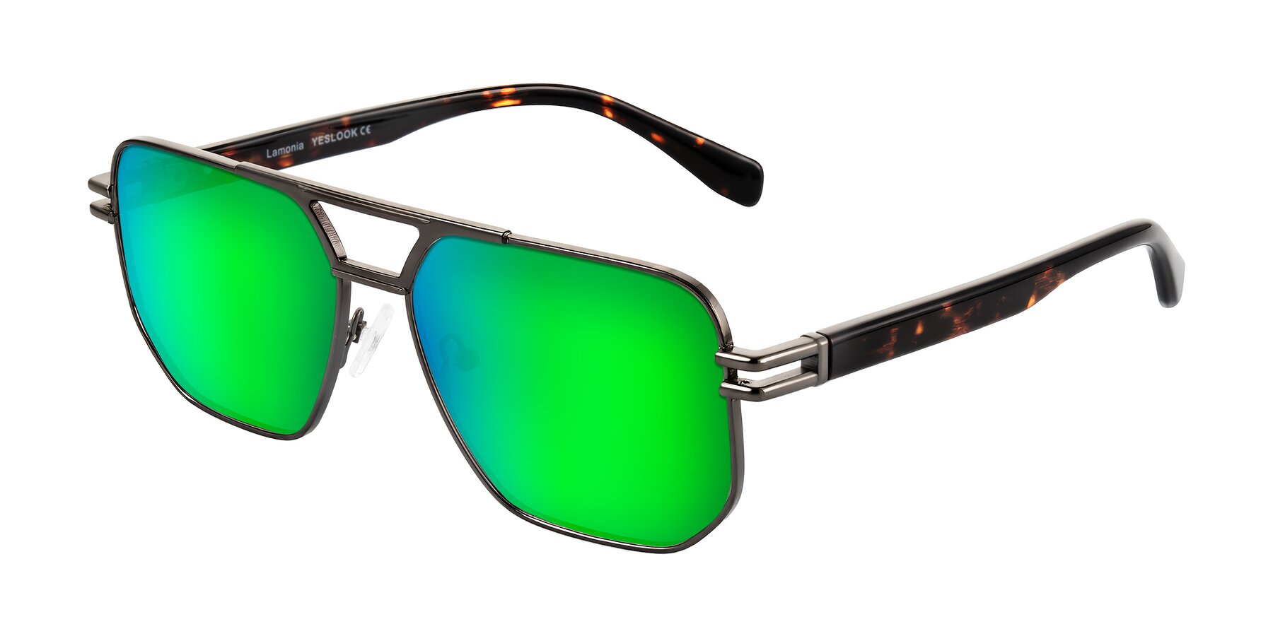 Angle of Lamonia in Matte Gunmetal/Tortoise with Green Mirrored Lenses