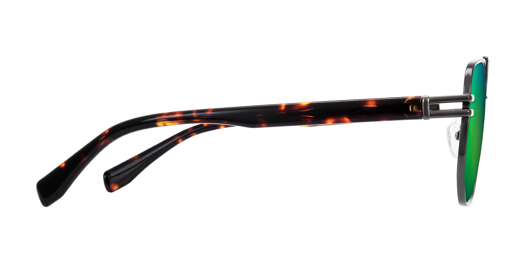 Side of Lamonia in Matte Gunmetal/Tortoise with Green Mirrored Lenses