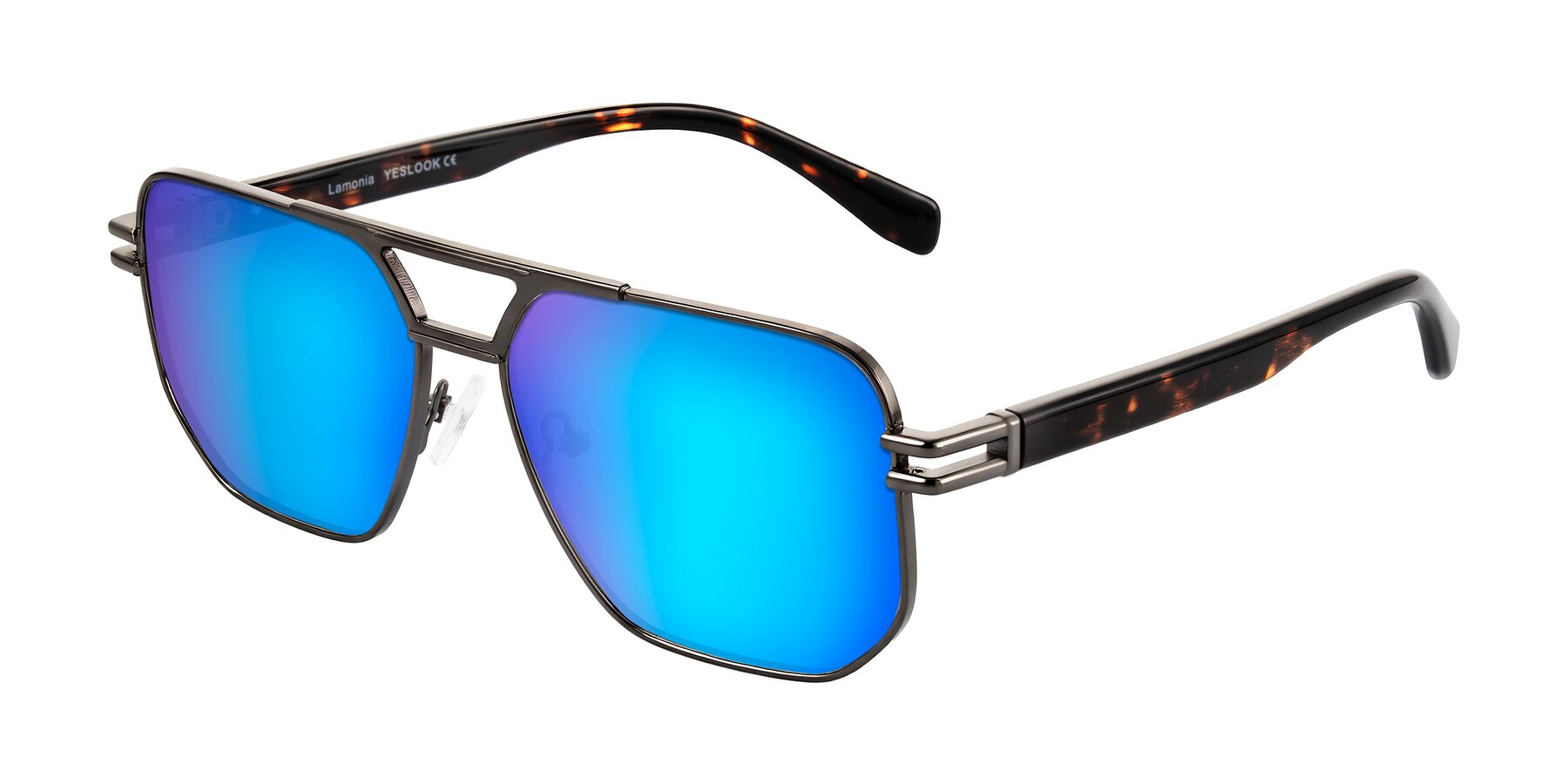 Angle of Lamonia in Matte Gunmetal/Tortoise with Blue Mirrored Lenses