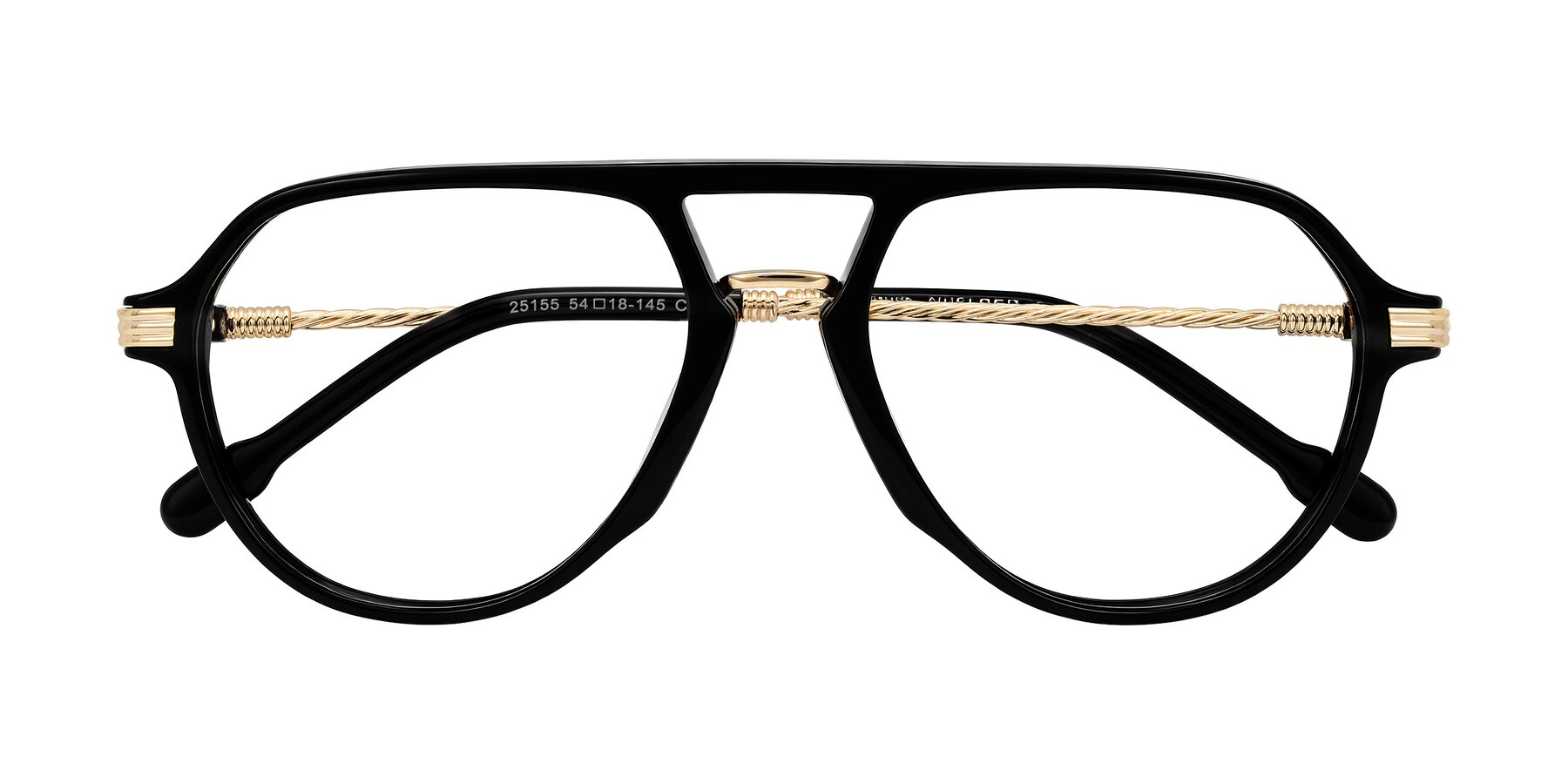 Folded Front of Kanause in Black/Gold with Clear Eyeglass Lenses