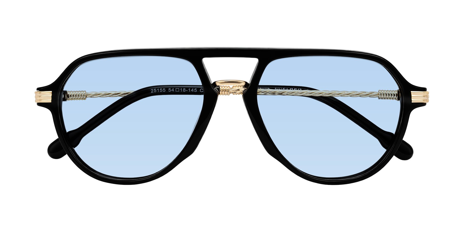 Folded Front of Kanause in Black/Gold with Light Blue Tinted Lenses