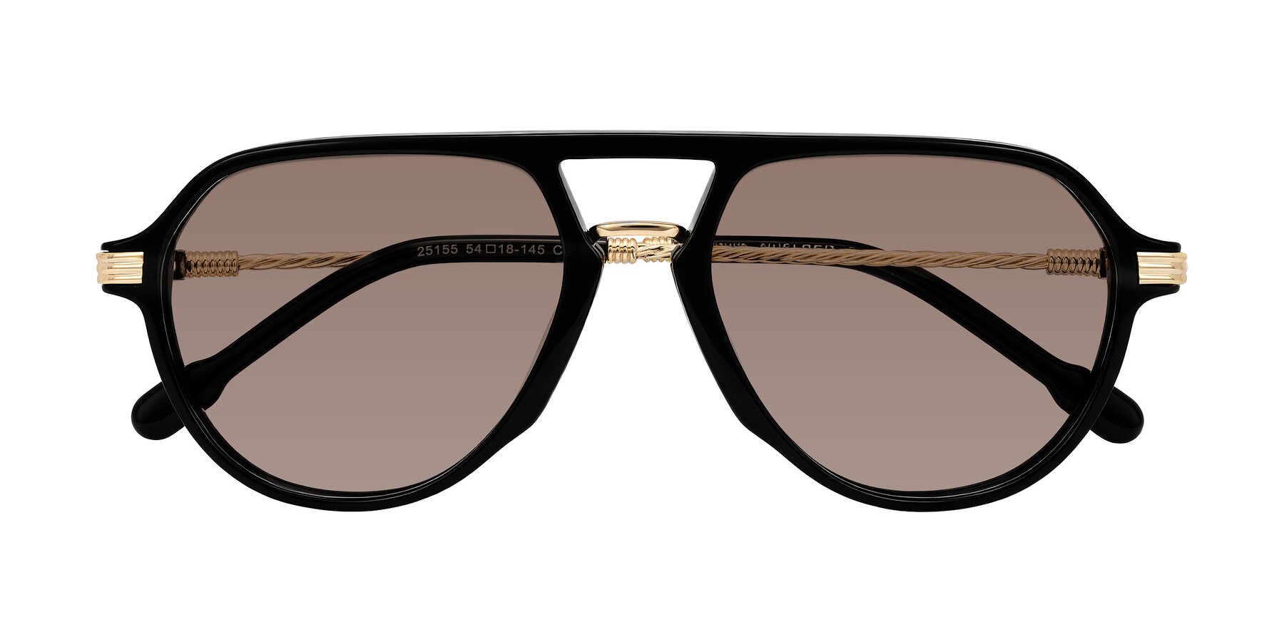 Folded Front of Kanause in Black/Gold with Medium Brown Tinted Lenses