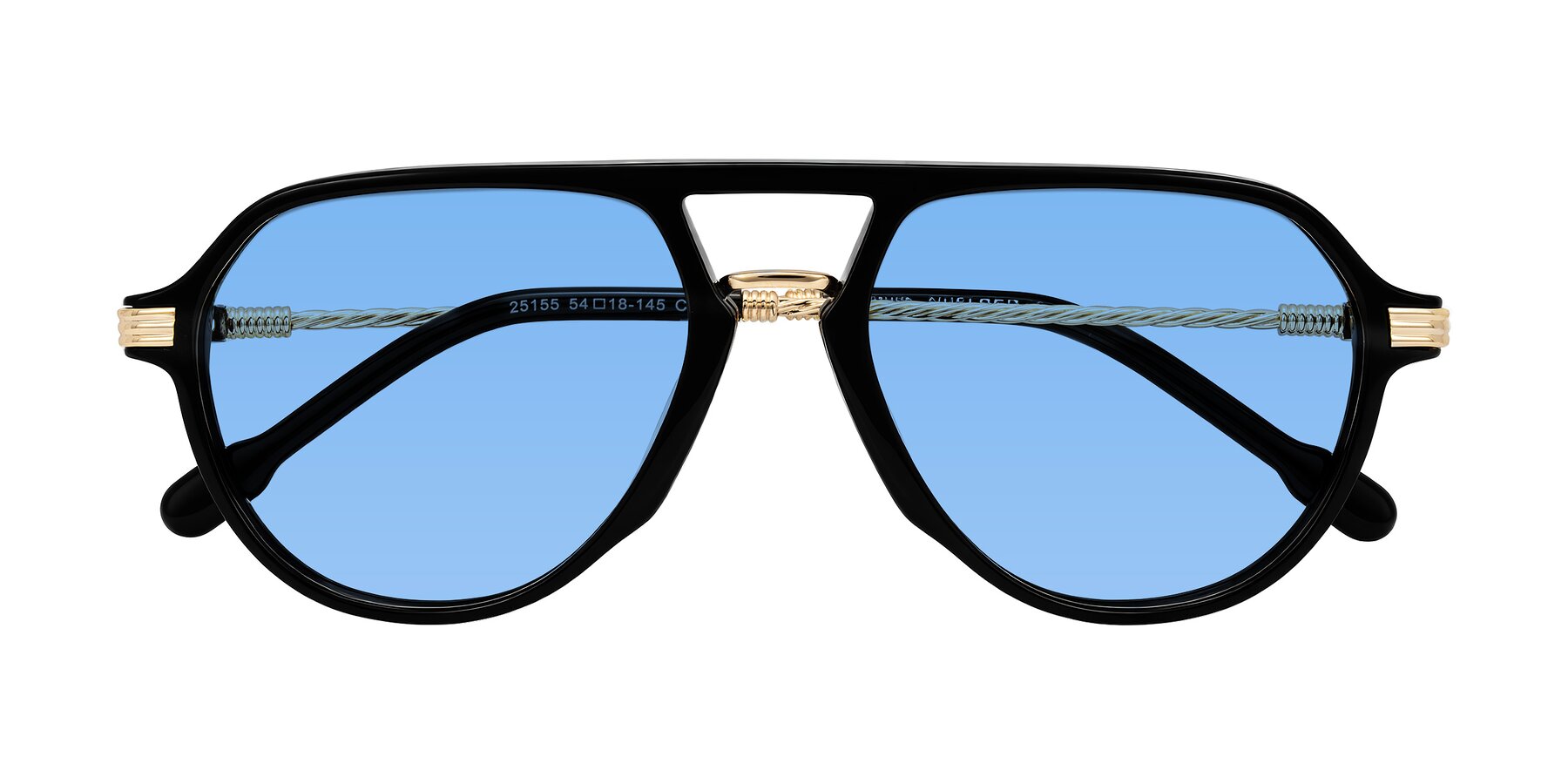 Folded Front of Kanause in Black/Gold with Medium Blue Tinted Lenses