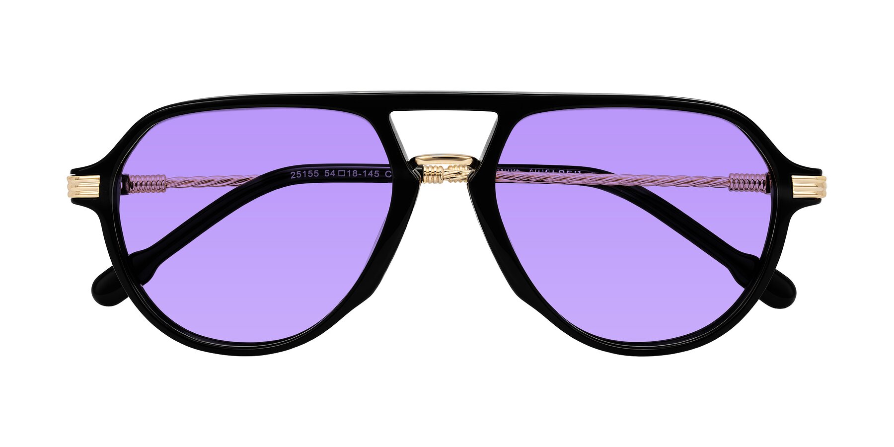 Folded Front of Kanause in Black/Gold with Medium Purple Tinted Lenses