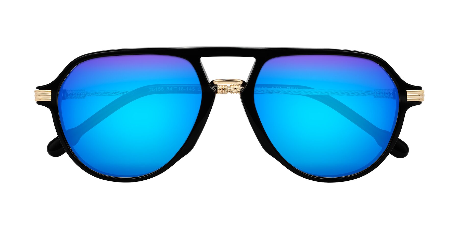 Folded Front of Kanause in Black/Gold with Blue Mirrored Lenses