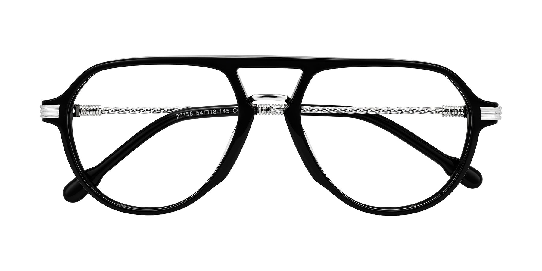 Folded Front of Kanause in Black/Silver with Clear Eyeglass Lenses